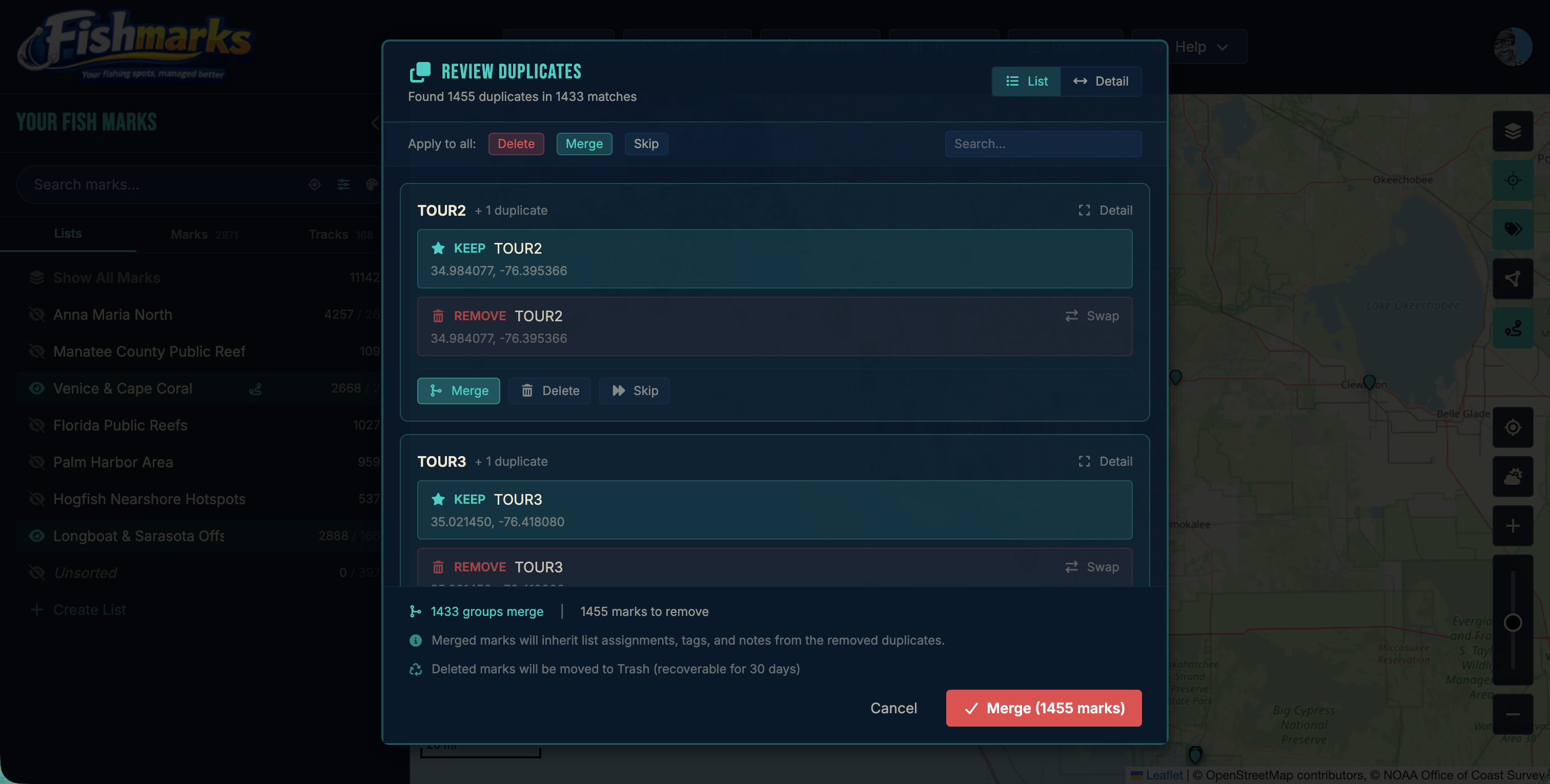 FISHMARKS duplicate cleanup